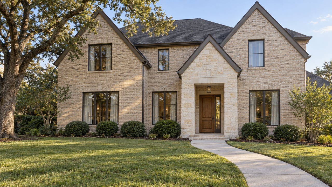 Two-story buff-brick home with limestone entry, dark framed windows, a broad lawn and a mature oak.