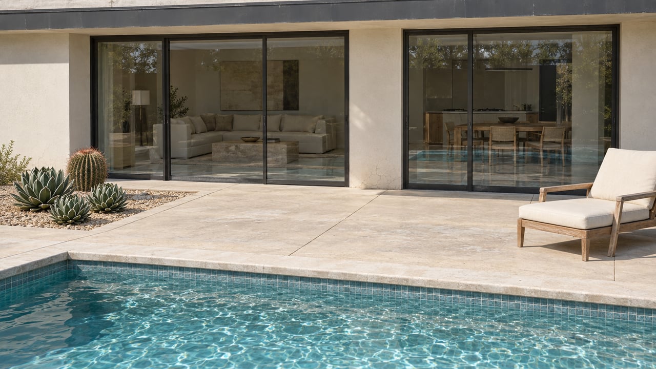 Desert-modern home's glass-fronted living room beside a limestone-edged pool, pale concrete terrace and sculptural agaves.