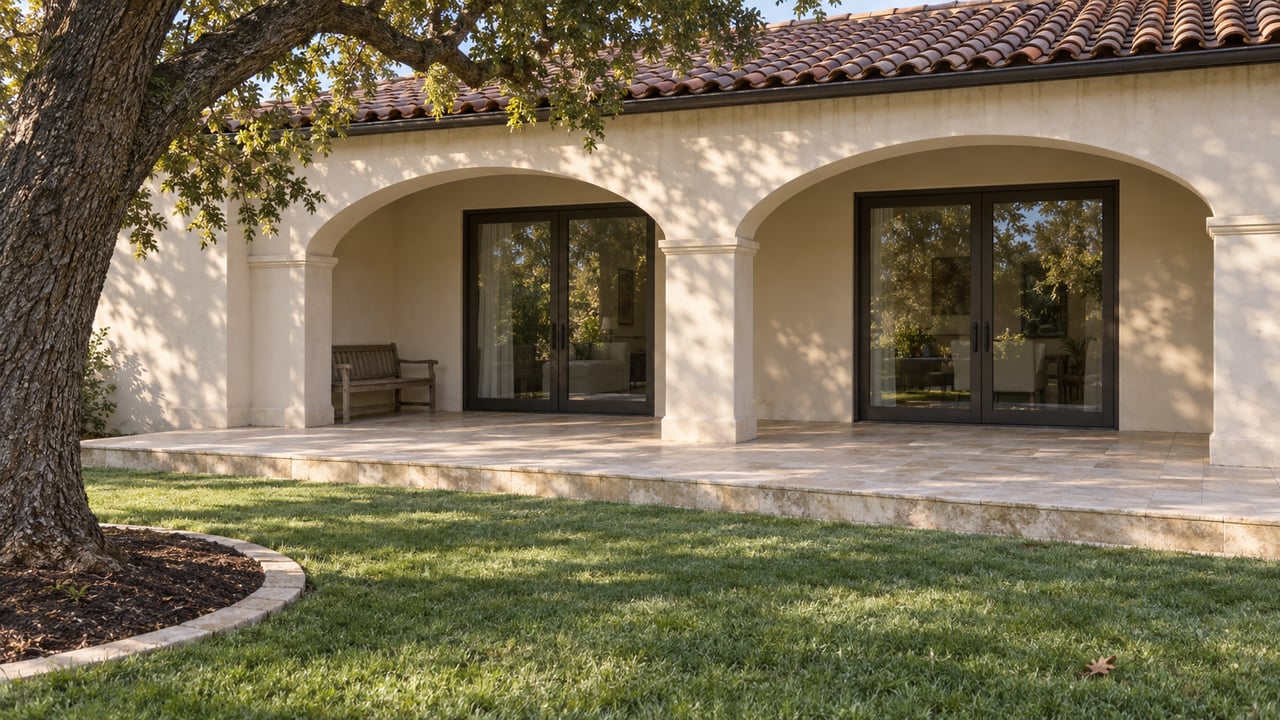 Cream stucco home with two arched terrace openings, terracotta roof tiles and a stone-edged lawn beneath a mature oak.