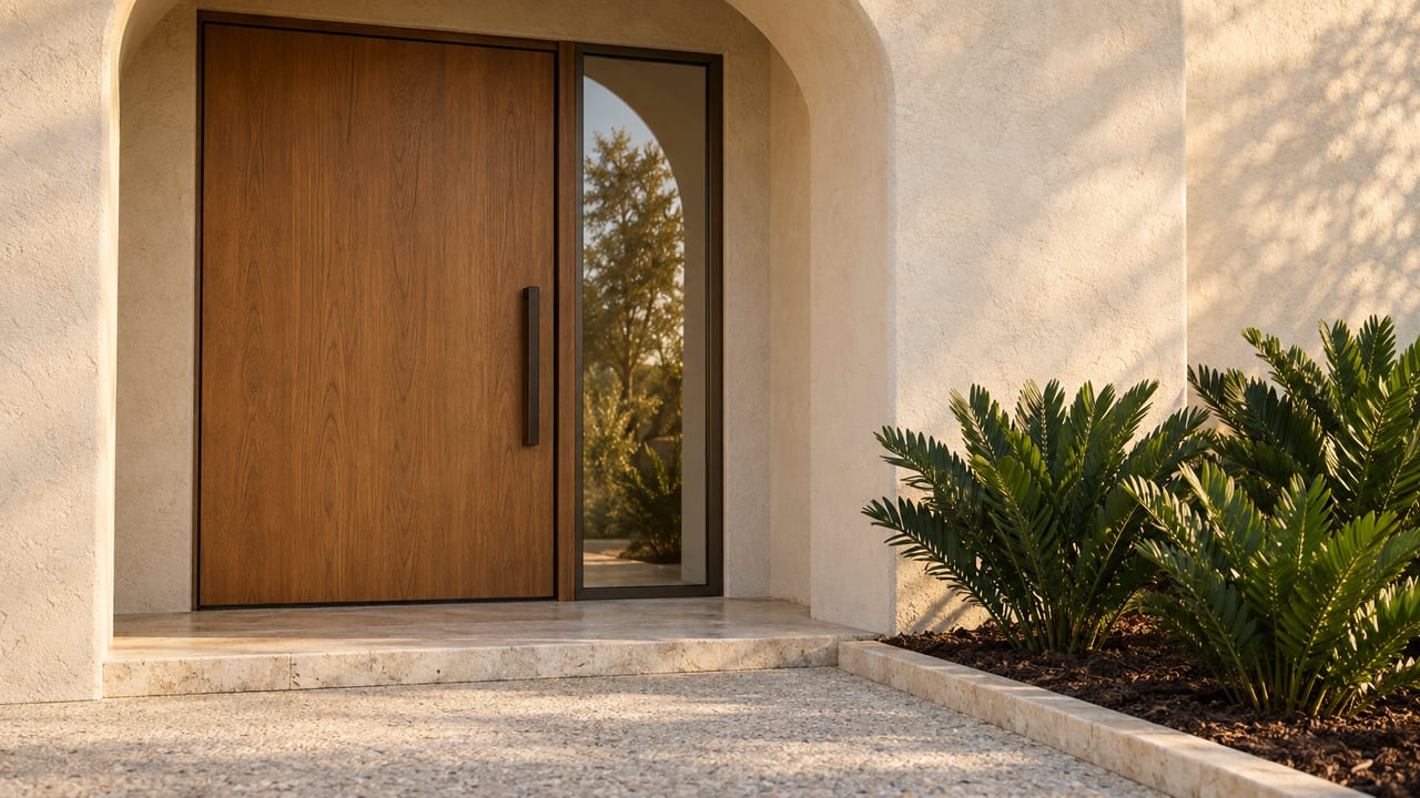 Recessed oak entry door beside a bronze-framed sidelight, beneath an ivory stucco arch.