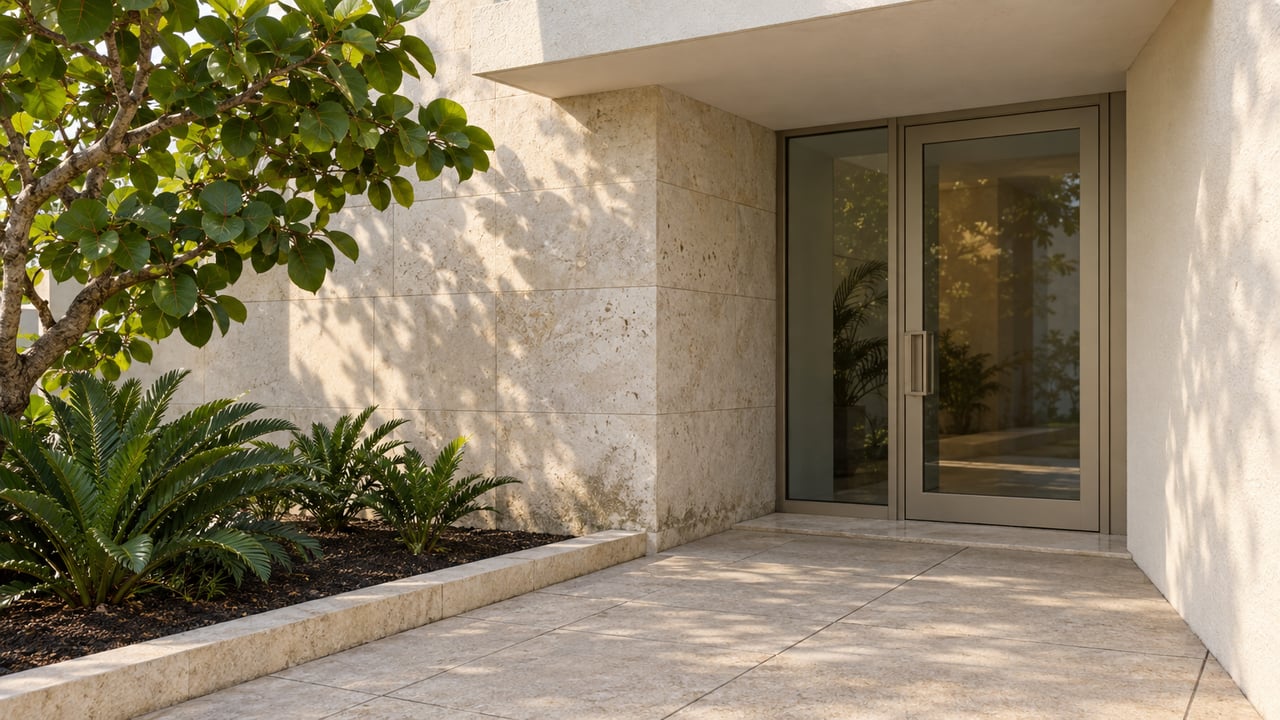 Sheltered cream-stucco residential entry with limestone walls, glazed door, pale paving and sculptural sea grape planting.
