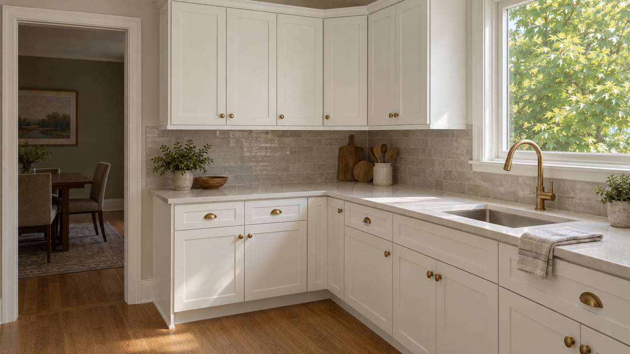 Compact kitchen with white shaker cabinets, warm brass knobs, gray tile backsplash, and a sink beneath a window.