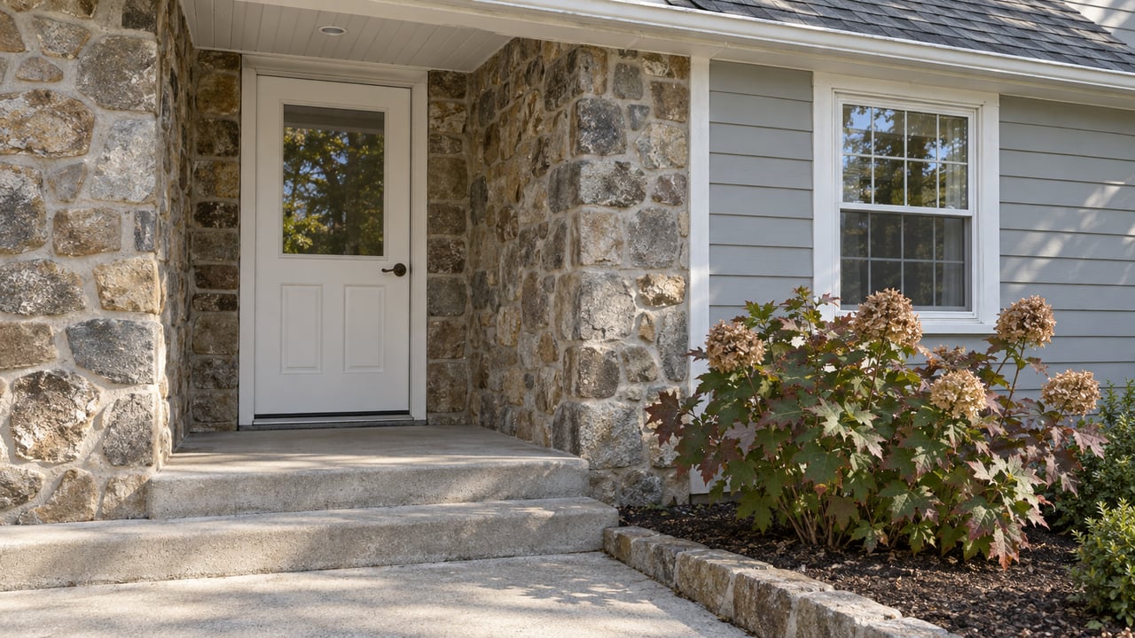 Close daylight view of a pale-gray clapboard home's recessed white entry door, fieldstone wall, concrete steps and oakleaf hydrangea.