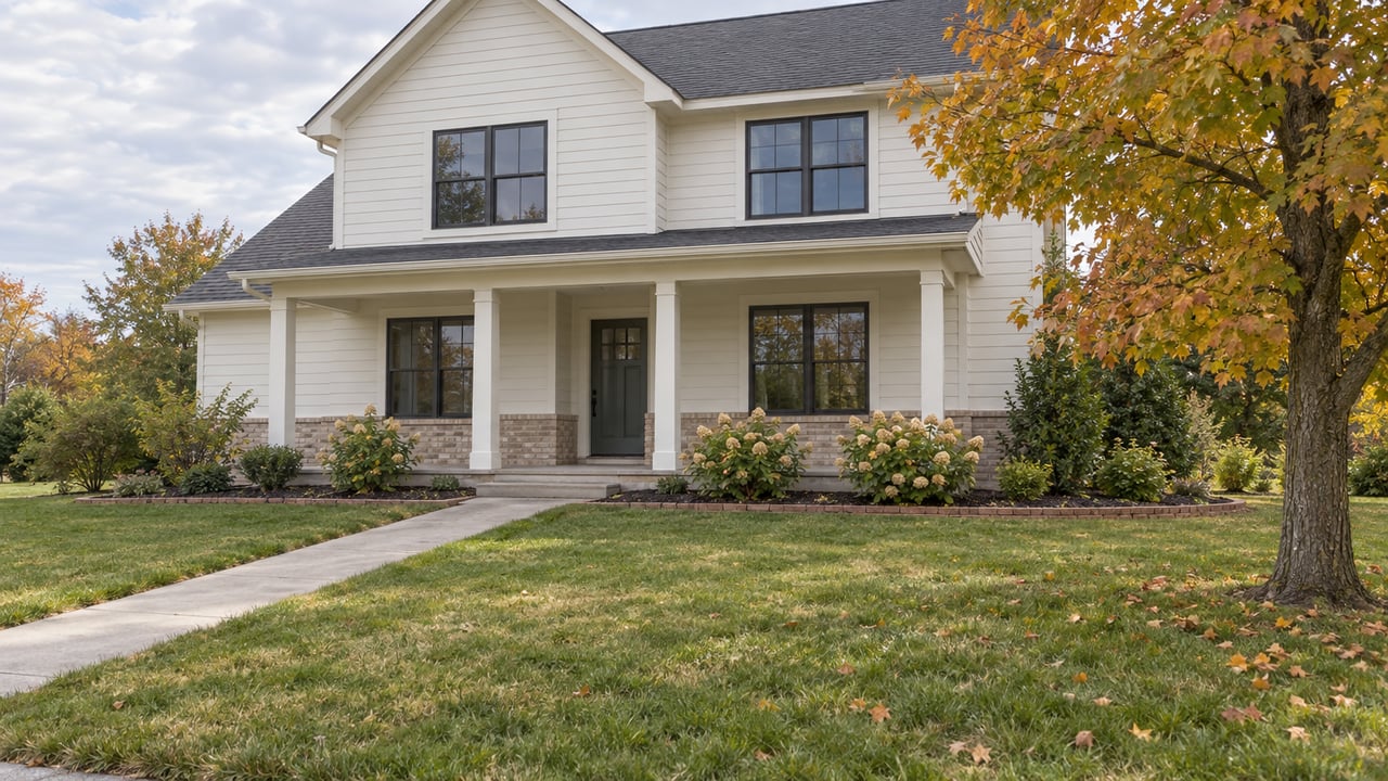 Two-story white-sided home with a brick skirt, concrete walkway, and amber-leaved tree in the front yard.