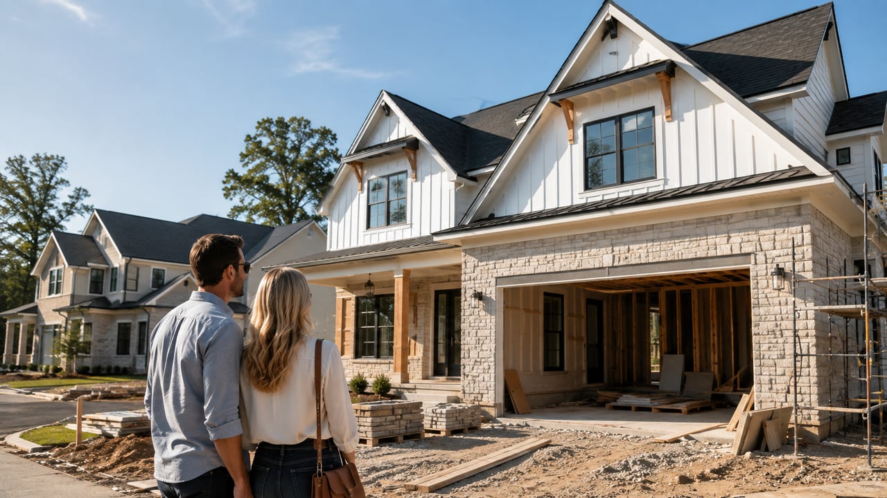Homebuyers viewing a new construction luxury home in Franklin, Tennessee, featuring modern farmhouse architecture, stone finishes, and a growing upscale residential community.