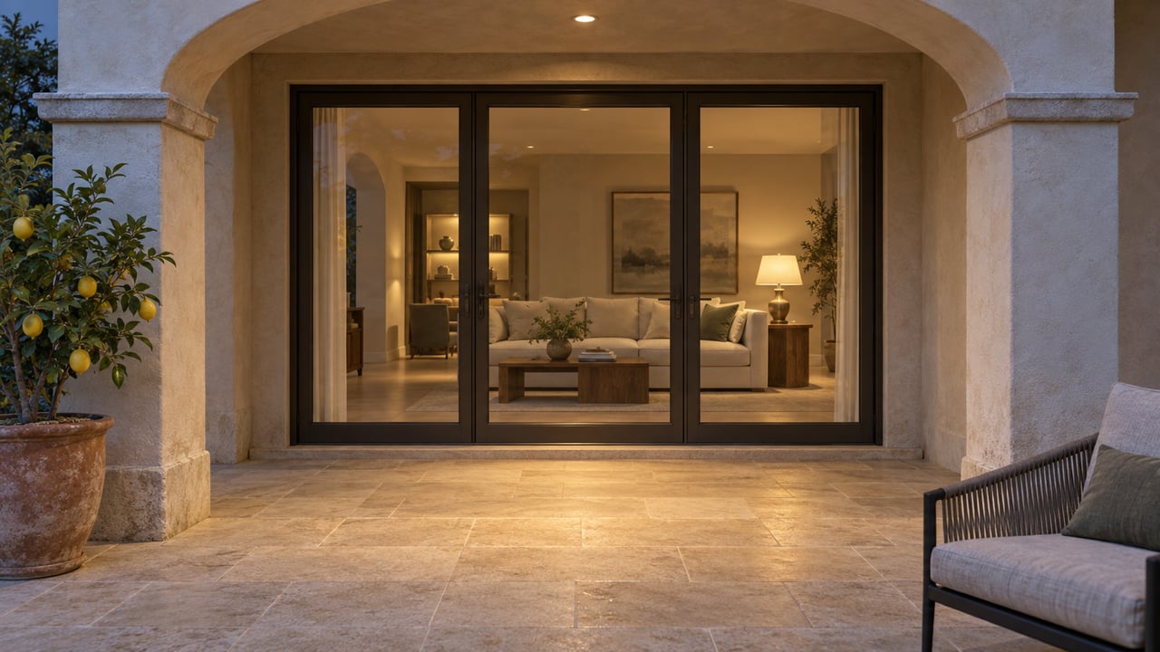 Blue-hour view across a limestone loggia toward closed bronze-framed glass doors, with an ivory stucco arch and a potted lemon tree.