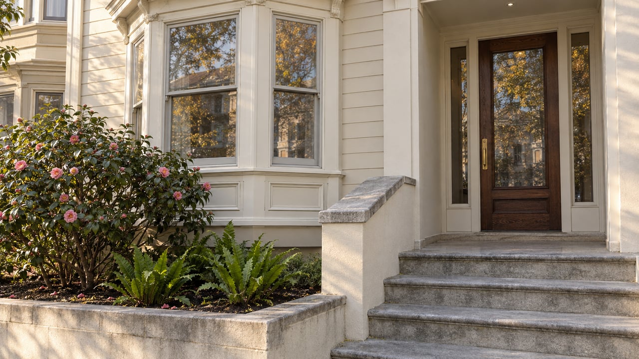 Ivory wood bay windows and a recessed oak entry above stone steps, with a compact camellia planting bed.