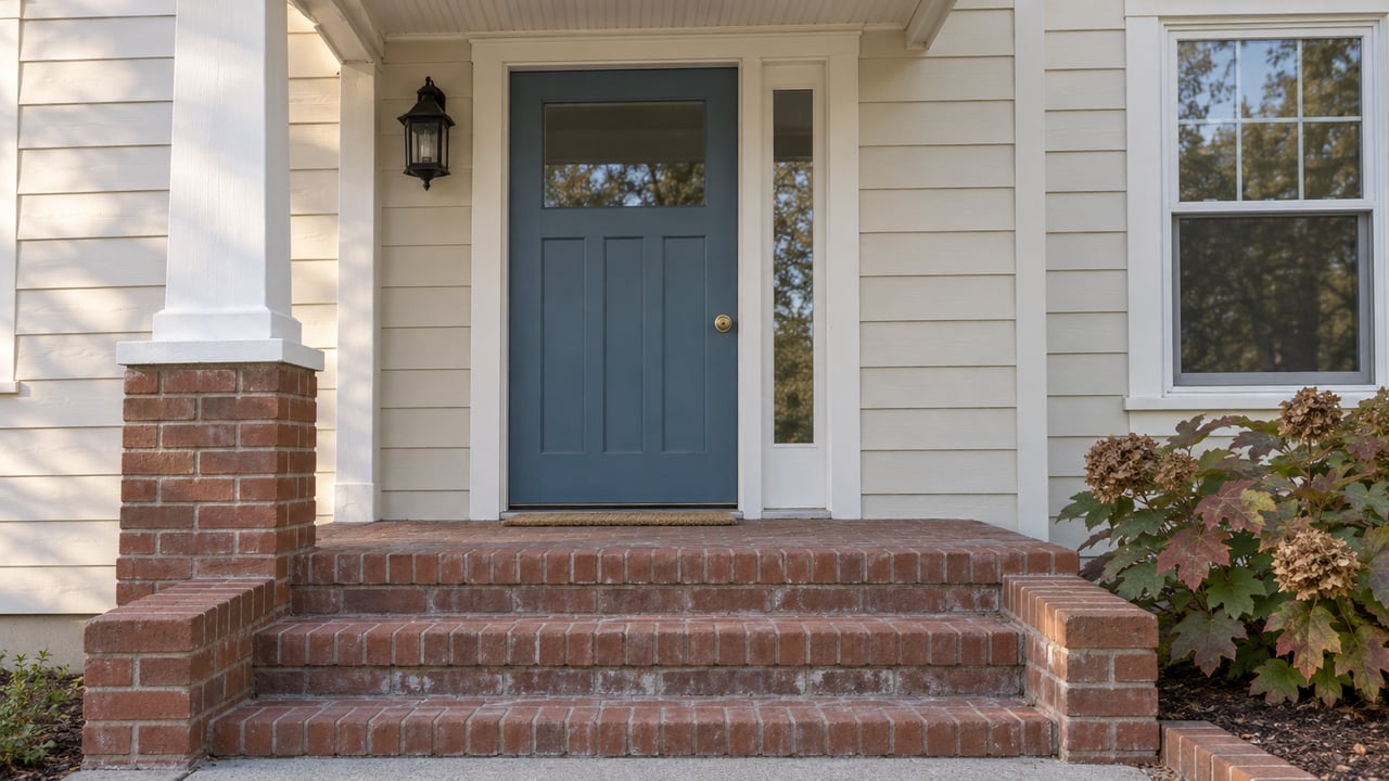 Close view of a blue cottage door beneath a covered porch, with worn red-brick steps and autumn oakleaf hydrangea.