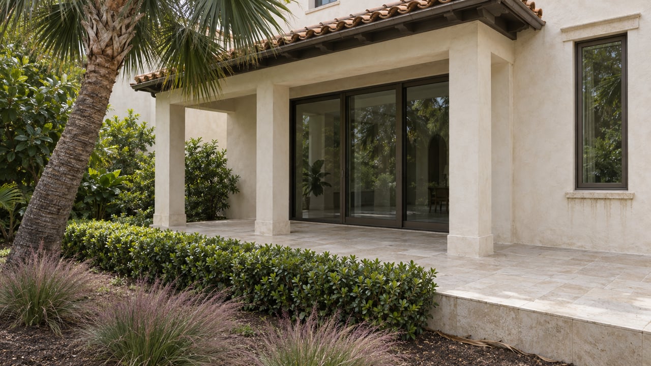 Stucco house corner with a tiled eave, glass terrace doors, limestone paving, and a curved palm.