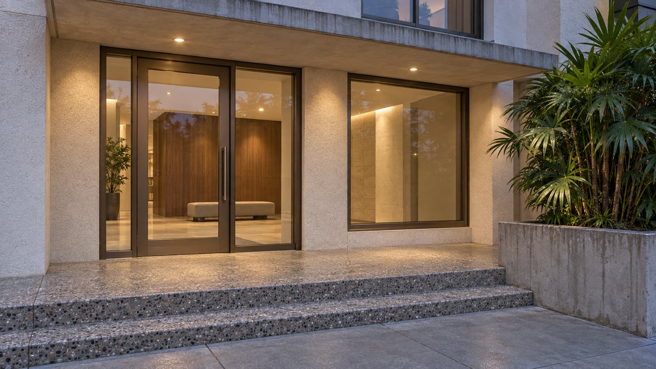 Blue-hour view of a warm stucco apartment entrance with bronze-framed glass, terrazzo steps, and a single lady palm in a raised concrete planter.