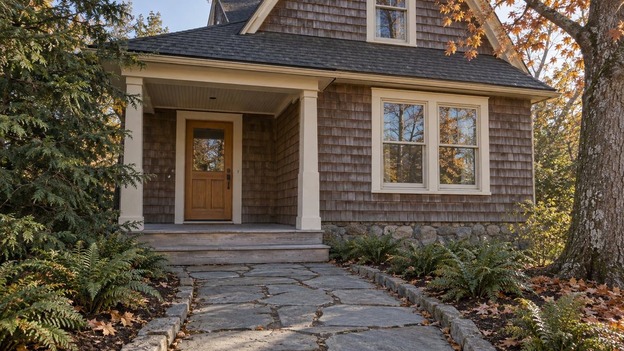 Late-autumn sunlight on a cedar-shingled cottage entry, stone approach and copper maple leaves.