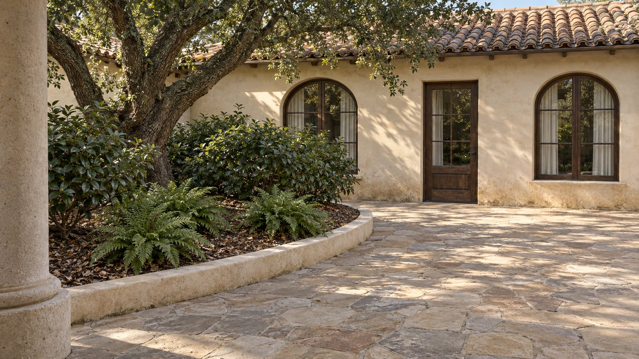 A shaded stone terrace overlooks a garden courtyard with a mature oak, camellias and a cream stucco home with clay roof tiles.