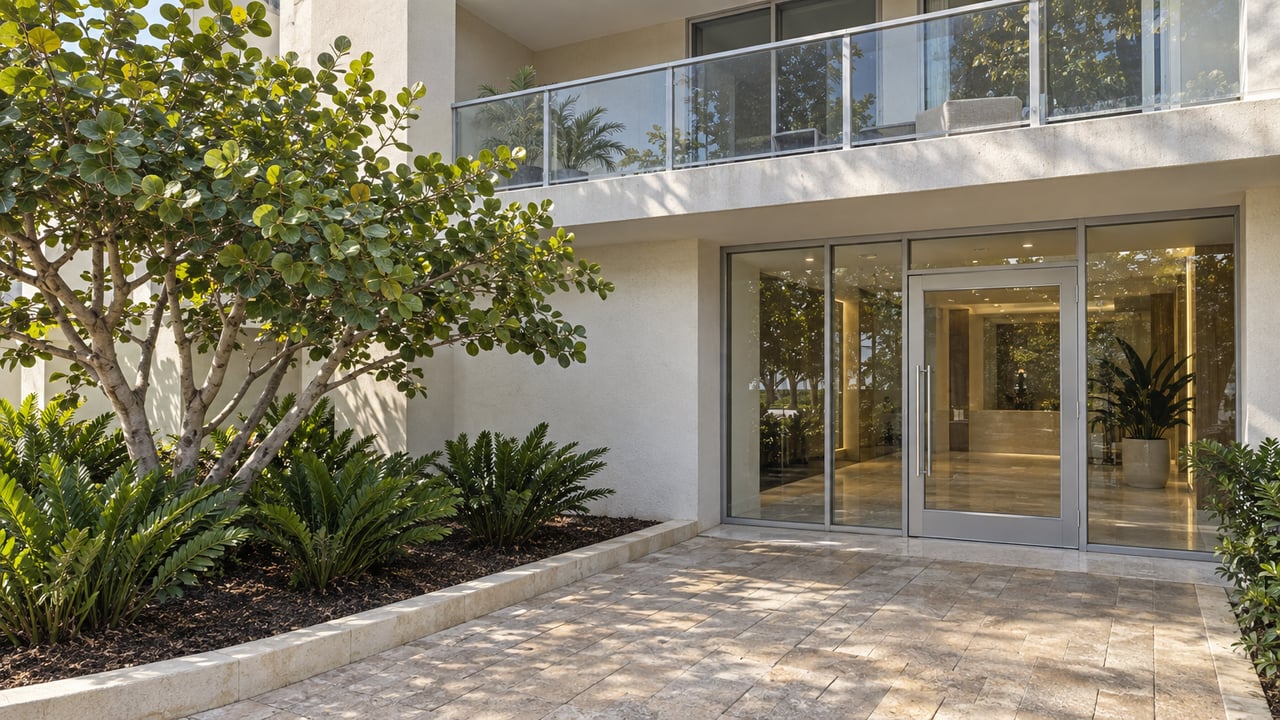 Modern building entrance with glass doors, a balcony, tropical landscaping, and a stone walkway.