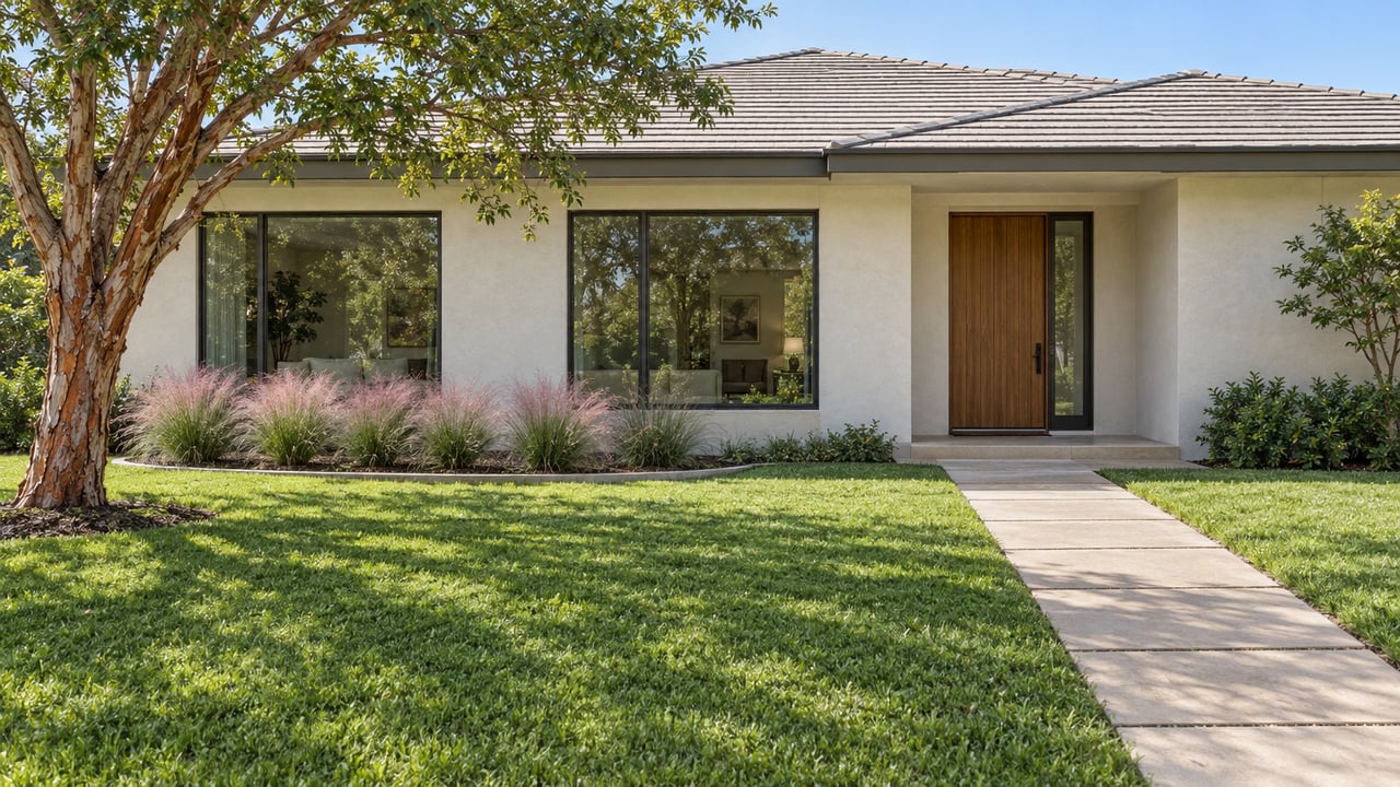 Contemporary single-story home behind a deep lawn, with bronze-framed windows, a teak entrance and a copper-barked tree shading the approach.