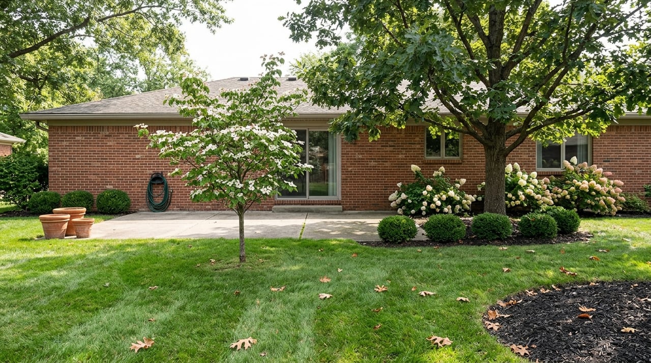Mown striped lawn with a dogwood tree leading to a concrete patio and house, framed by mature trees.