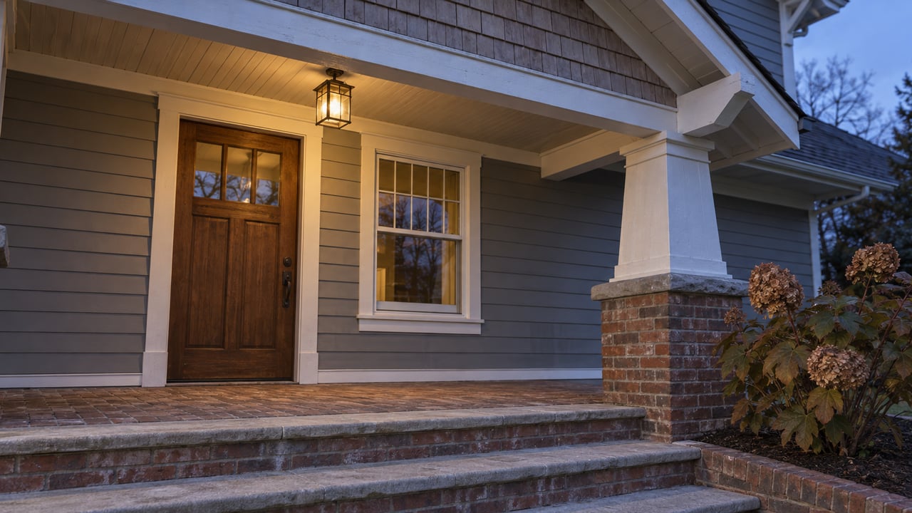 A warmly illuminated covered home entry with gray lap siding, a shingled gable, brick steps and bronze oakleaf hydrangea foliage at dusk.