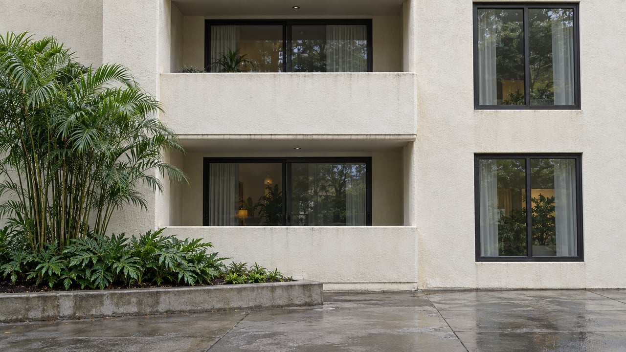 Ivory condominium facade with two stacked balconies, dark glass doors, and a wet courtyard planter.