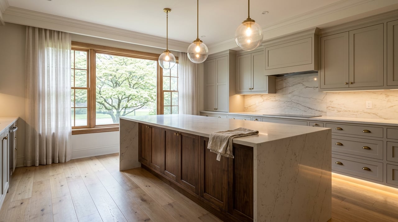 Open-plan kitchen with a white veined island, walnut cabinetry, brass pendants, and a dogwood visible through the window.