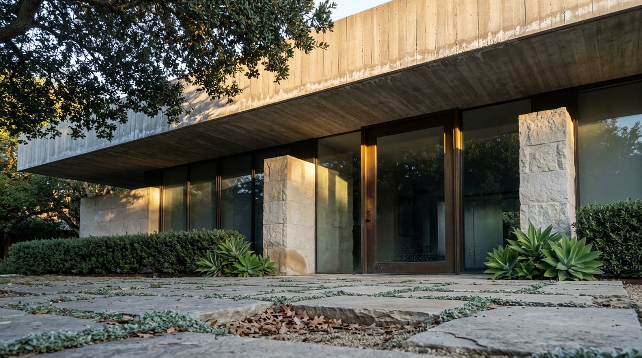 Contemporary home entry with a glass pivot door, limestone piers, cantilevered concrete roof, and oak canopy.