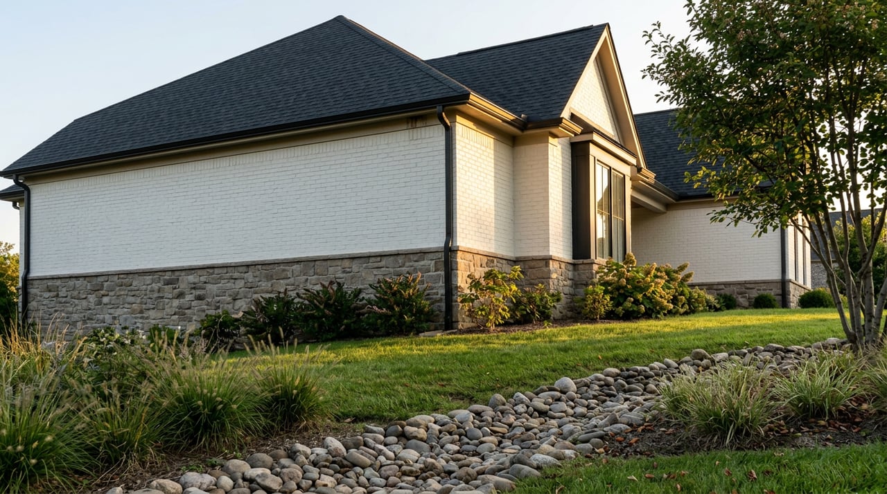 White brick home above a stone-lined dry streambed, with ornamental grasses and a sunlit gable.