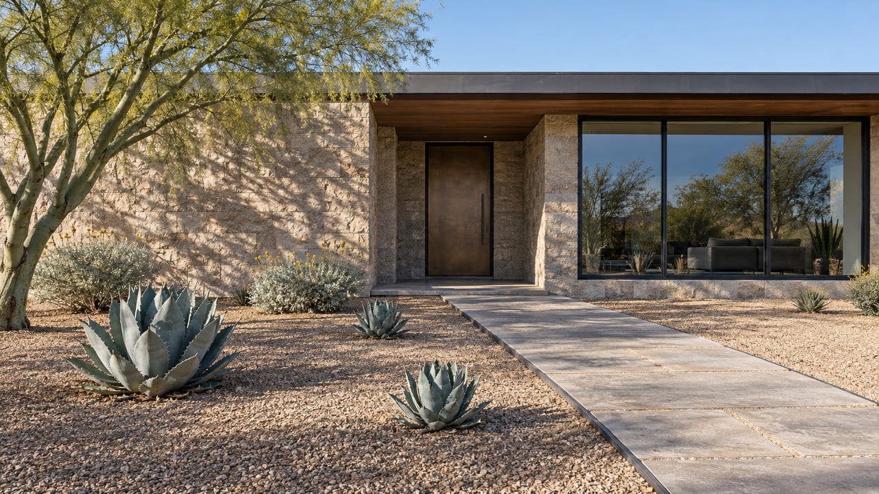 Low contemporary stone home behind a gravel garden with sculptural agaves and a blue-green branching tree, lit by early morning sun.