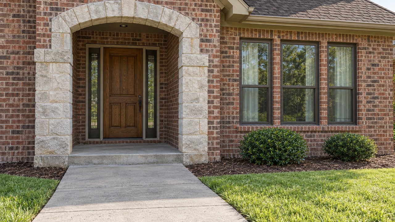 Warm brick home with a limestone arched entry, brown wood door, grouped windows and a concrete walk bordered by lawn.