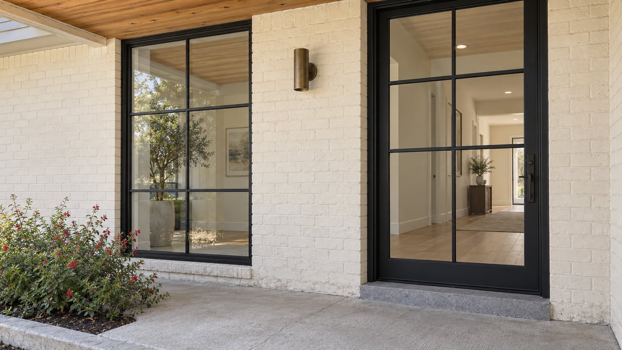 Cream brick home entrance with black-framed glazing, cedar porch ceiling, and a raised concrete step beside red-flowering sage.