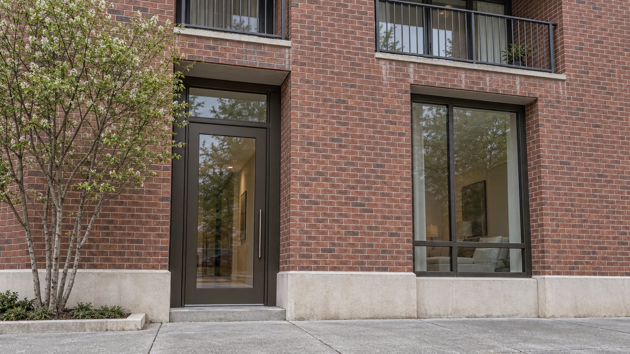 Dark-red brick mid-rise facade with a recessed balcony, glazed entry, tall window, and small multi-stem tree.