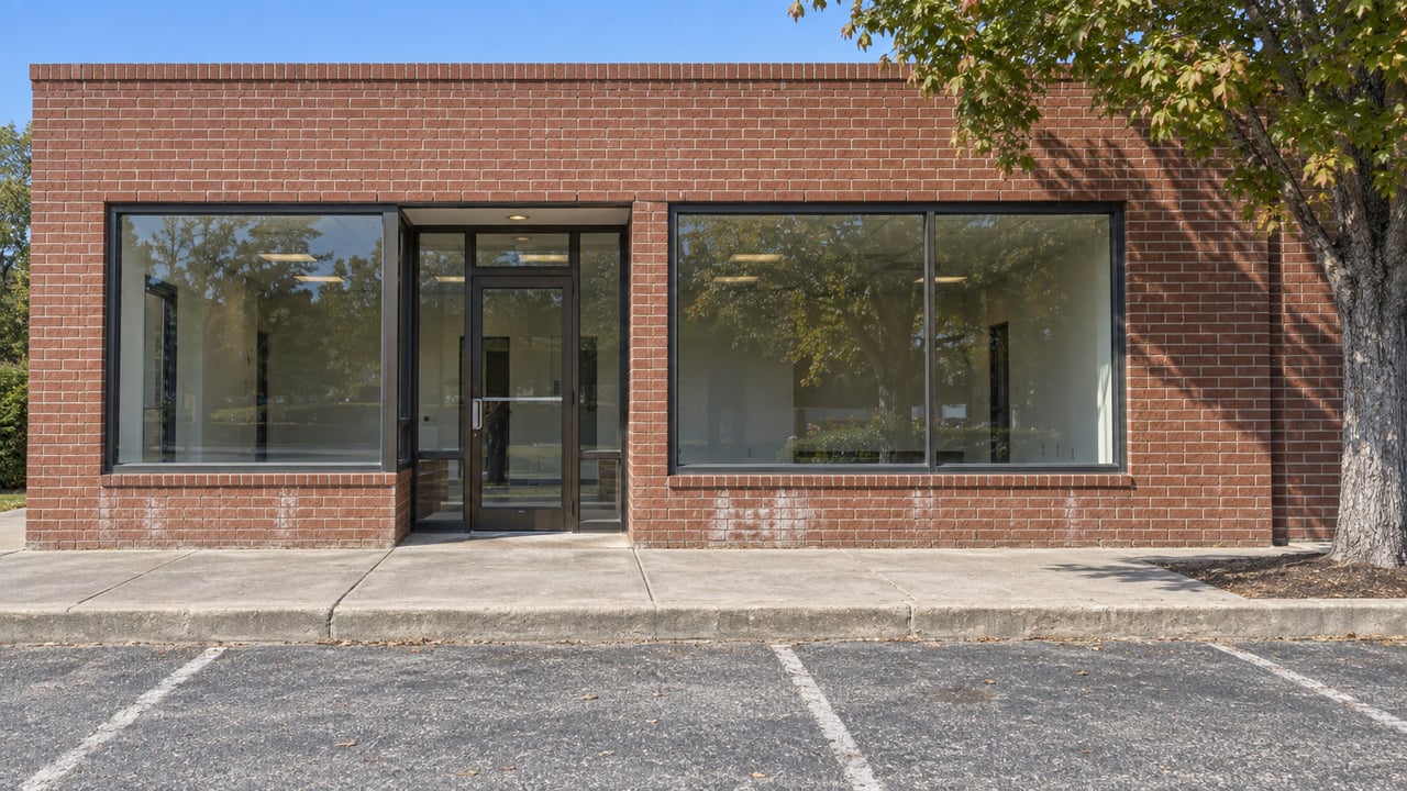 One-story red-brown brick storefront with a recessed glass entrance, flanking windows, concrete walkway, and a tree.