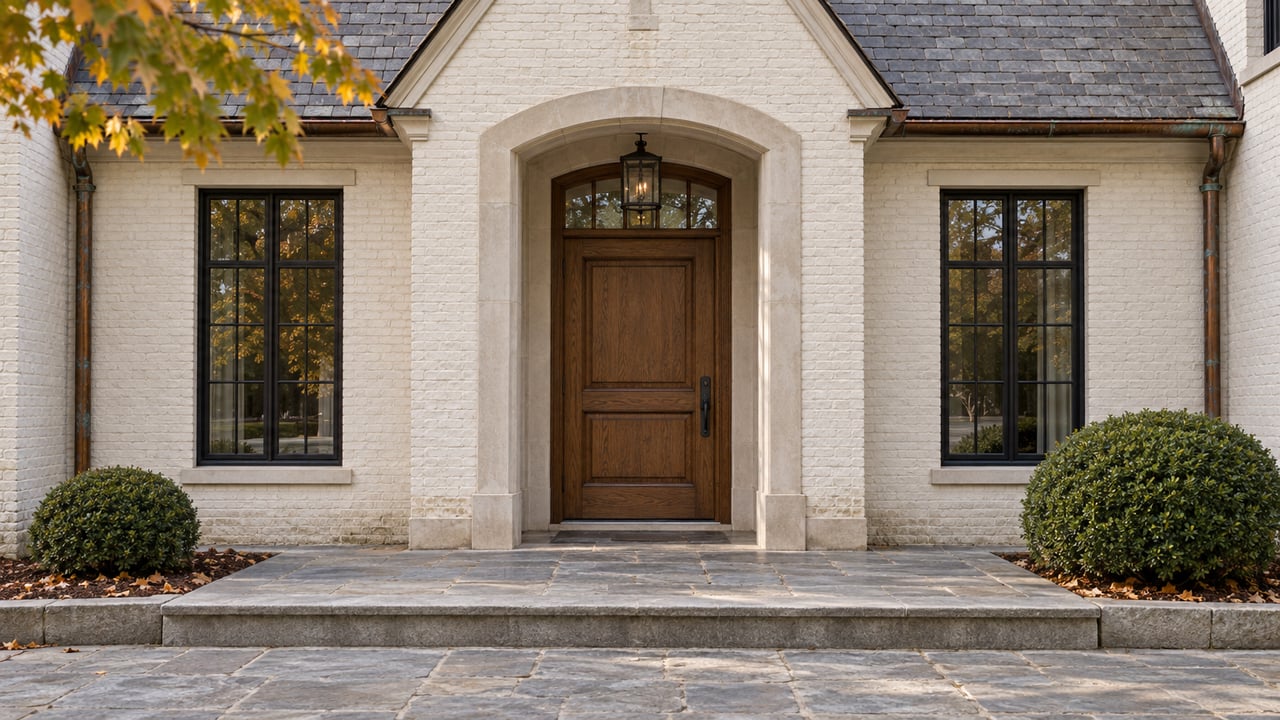 Painted-brick estate entrance with limestone trim, an oak door, paired black-framed windows and a broad flagstone approach beneath autumn maple leaves.