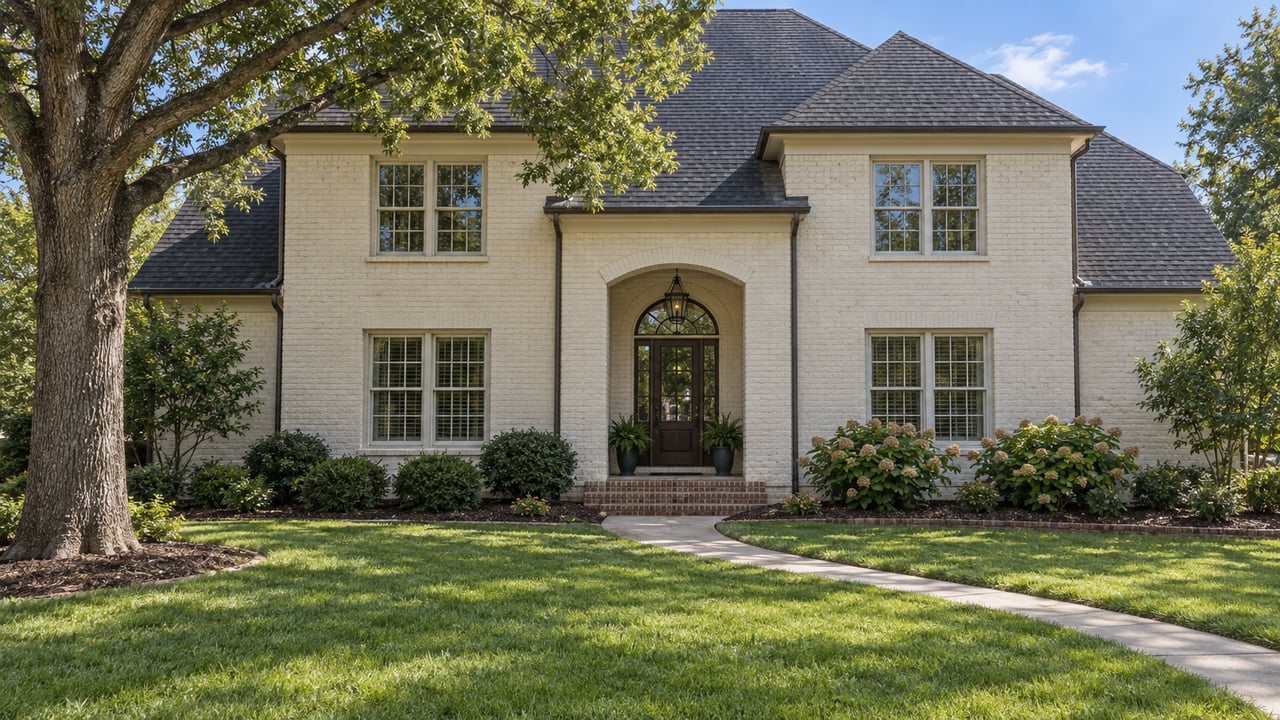 An ivory-painted brick home with a steep gray roof, curved front walk, deep lawn and mature oak in afternoon sunlight.