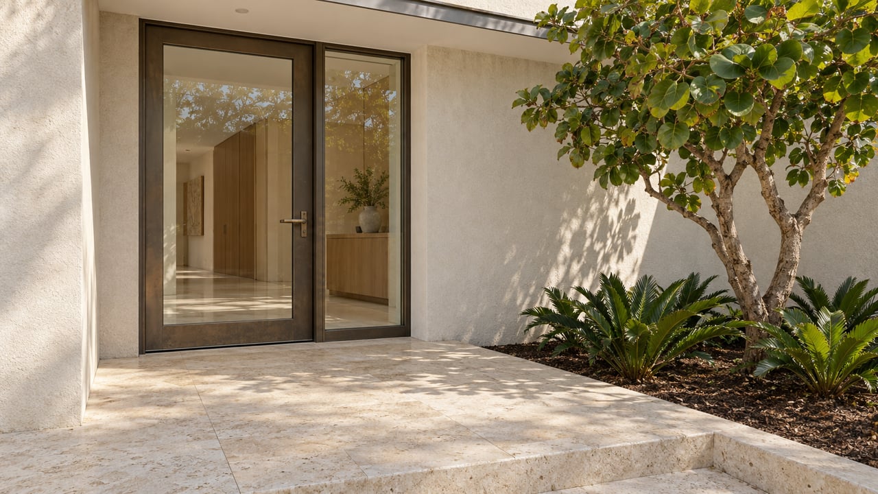 Ivory stucco home entrance with bronze-framed glass, limestone paving and a sculptural sea grape tree.