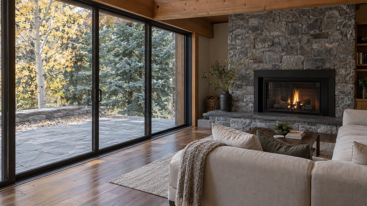 Timber-and-stone living room with a pale sofa, stone fireplace, and glass doors opening onto a tree-lined terrace.