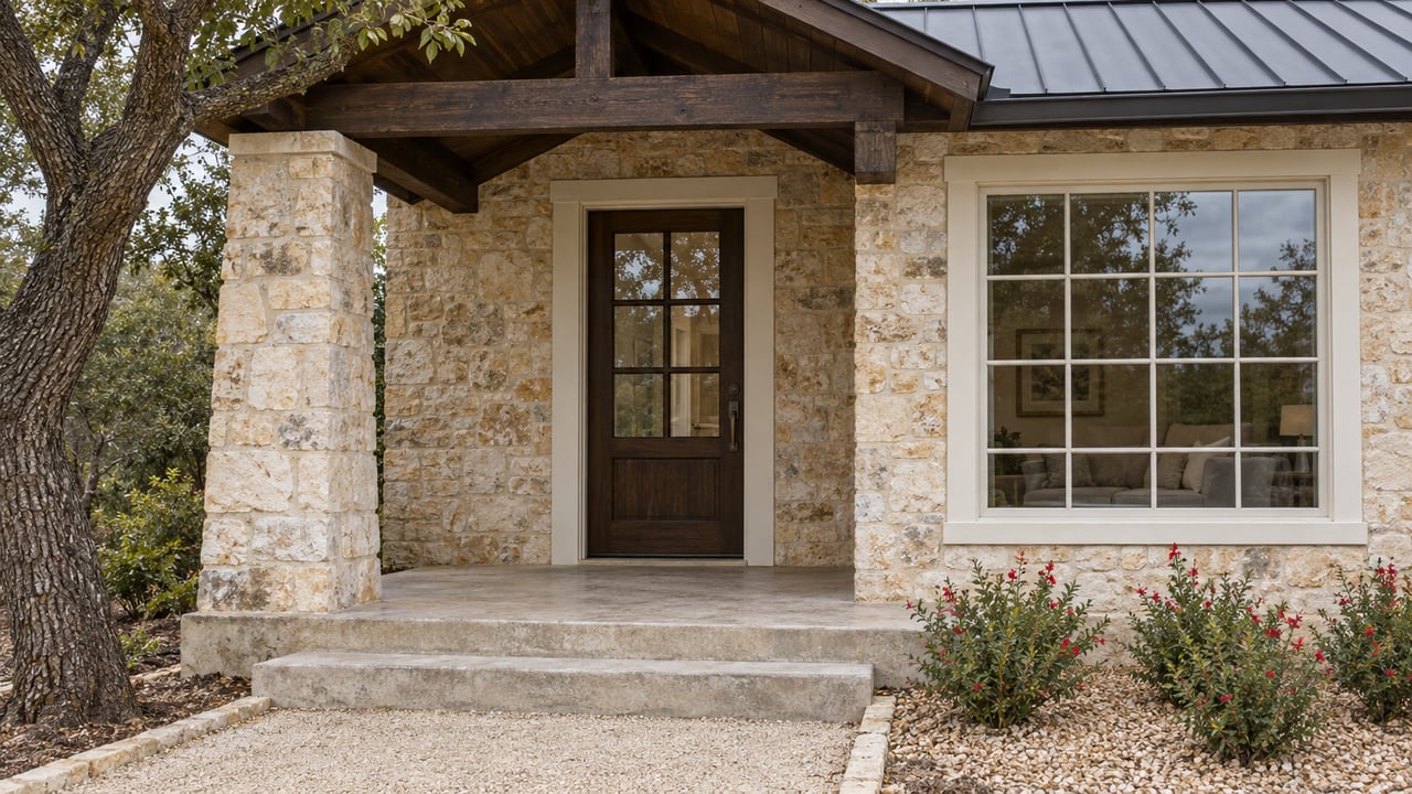 Limestone home entry beneath a dark timber porch, with a glazed oak door, broad window, live oak branches, and red flowering sage.