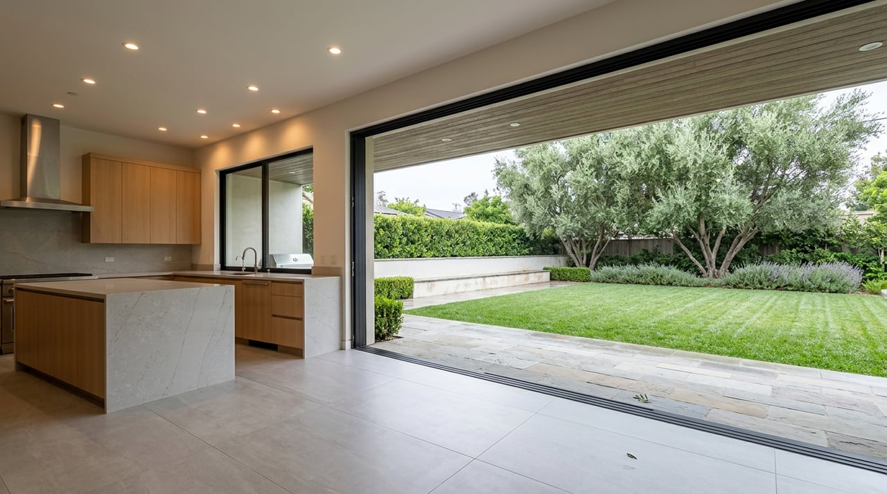 Great room with a quartz island opens through sliding glass doors to a stone patio, lawn, olive tree, and lavender.
