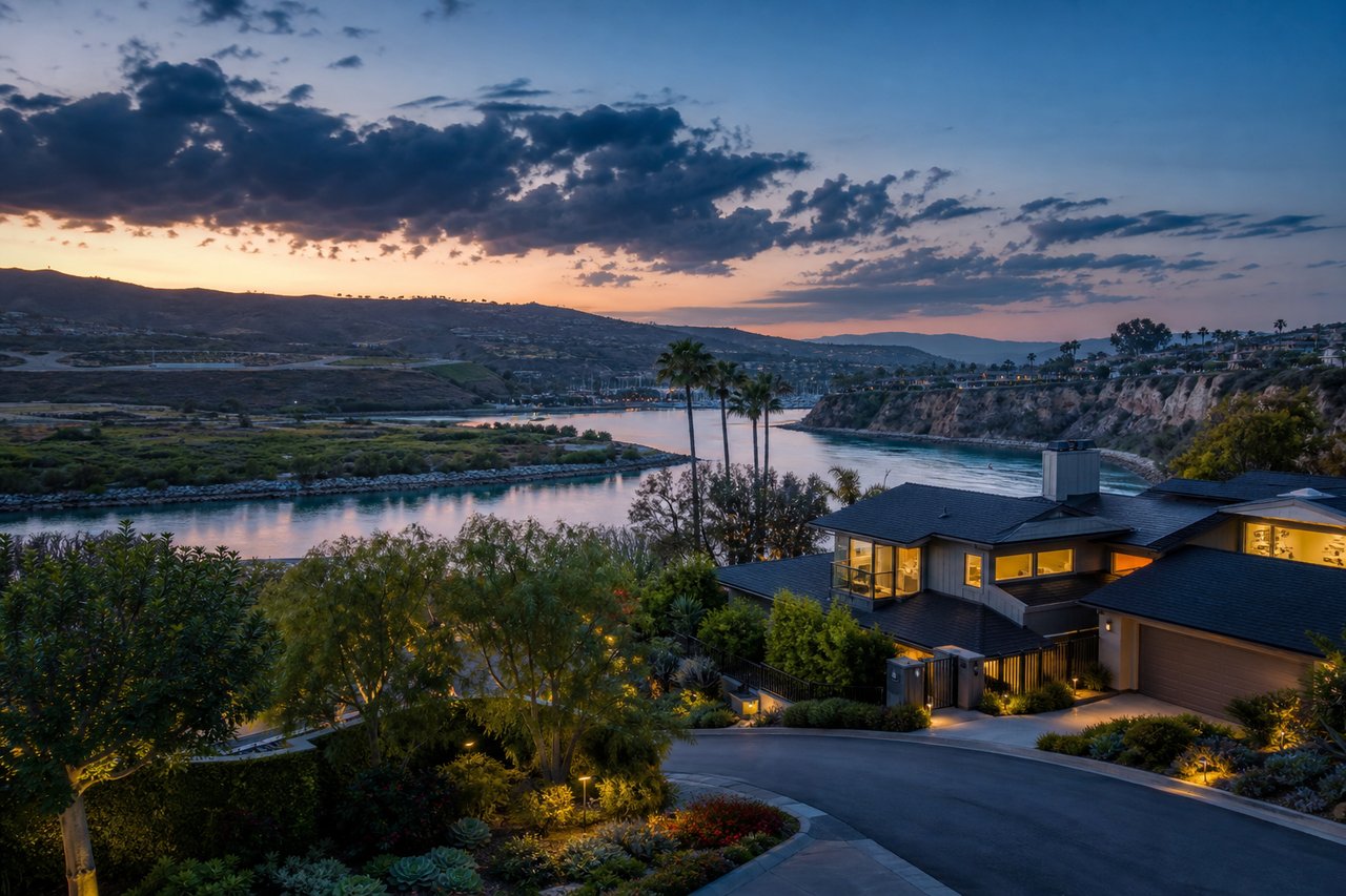 Hillside home overlooking a coastal inlet at sunset, with palm trees and warmly lit windows.