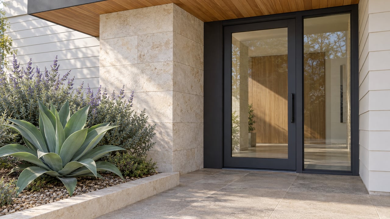 Contemporary home entrance with pale limestone, cedar soffit, dark-framed glass door and sculptural drought-tolerant planting.