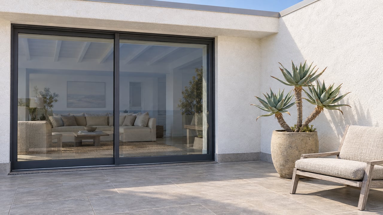 White stucco residential terrace with closed sliding glass doors, pale paving, a teak lounge chair and a sculptural potted aloe in softened sunlight.