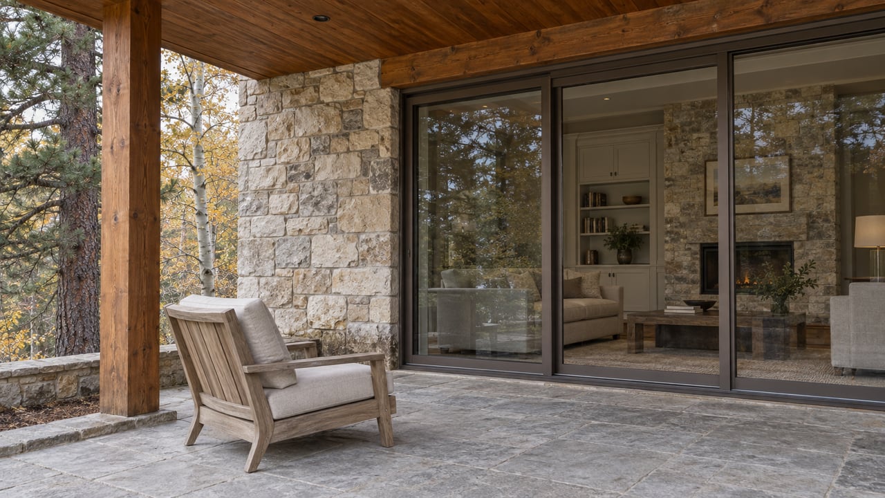 Covered timber terrace with a teak lounge chair, weathered stone walls and closed glass doors, framed by pine and sparse golden aspen leaves.