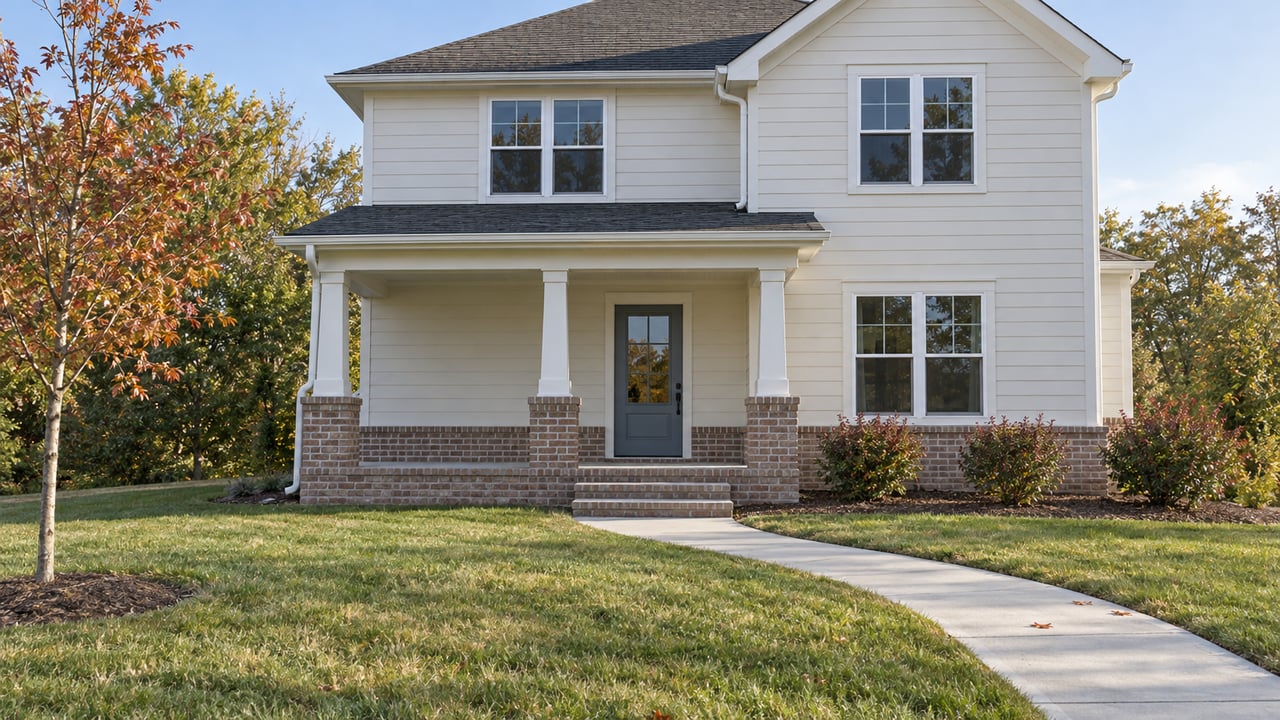 A two-story house with off-white siding, a covered front porch and a concrete walk across a broad autumn lawn.