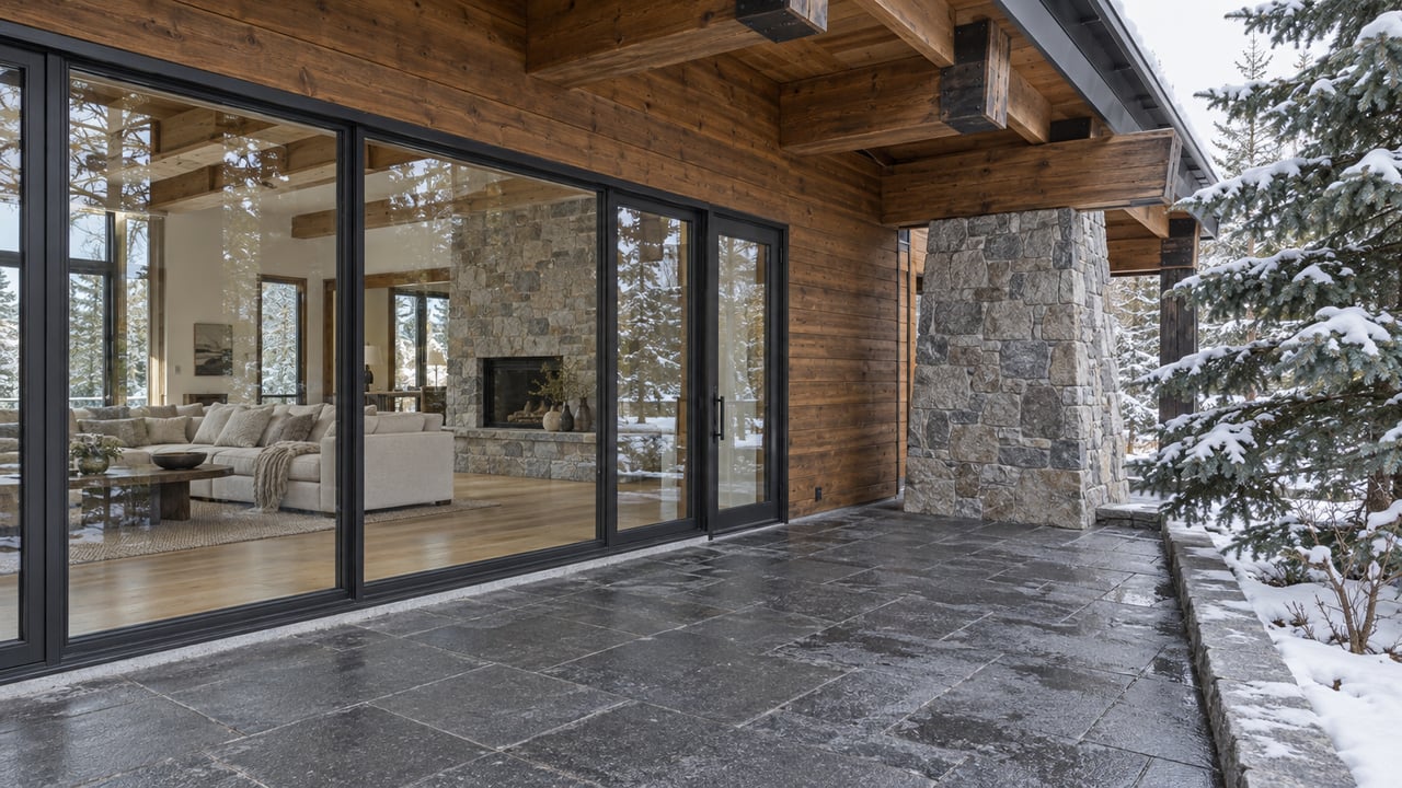 Timber and stone lodge terrace with full-height glass, charcoal paving and a snow-dusted spruce beside a raised stone border.