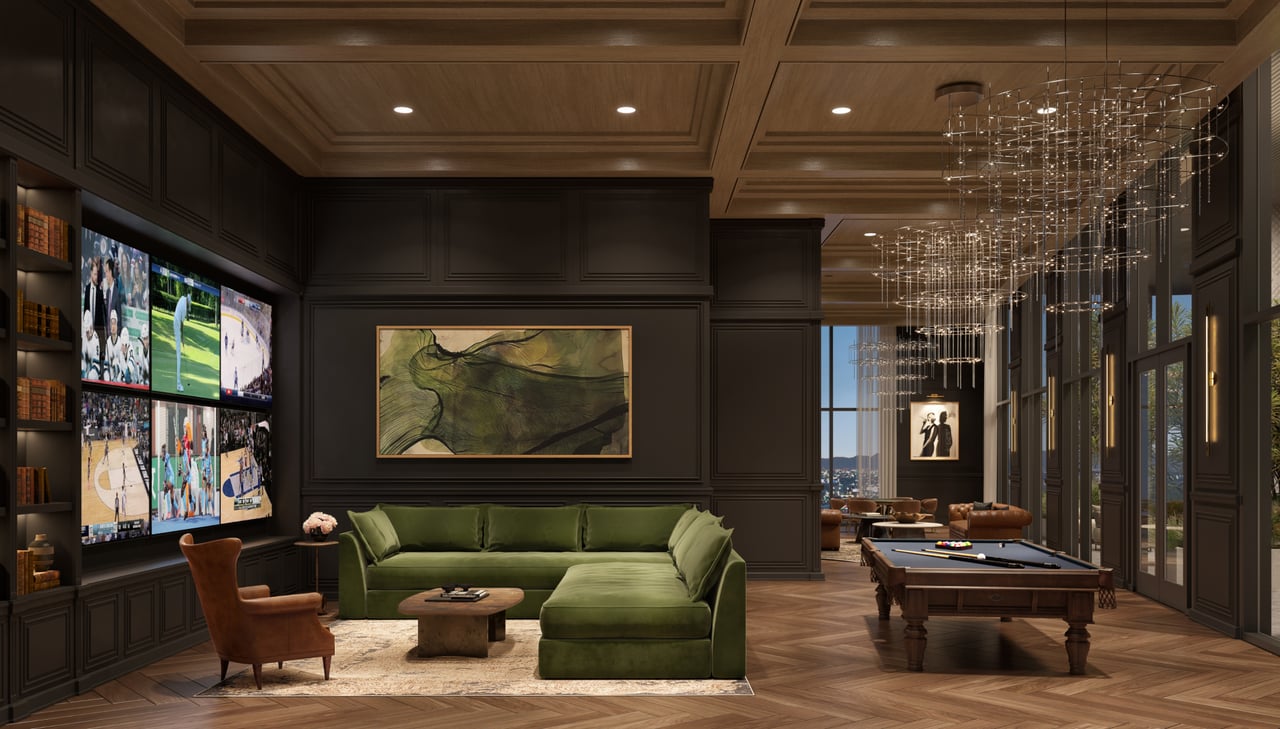 Cello Tower lounge with a green sectional, sports screens, billiards table, and city views.