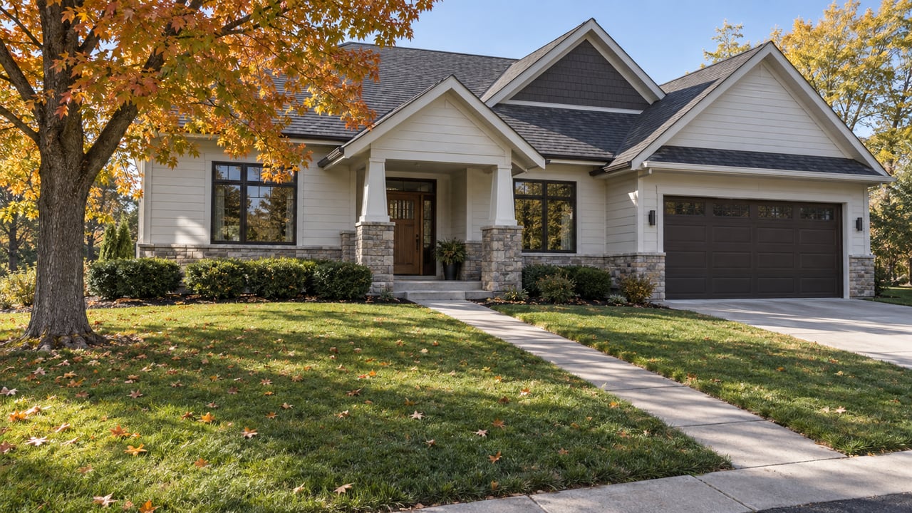 Off-white suburban home with stone porch piers, a broad lawn, and an amber-leaved maple.