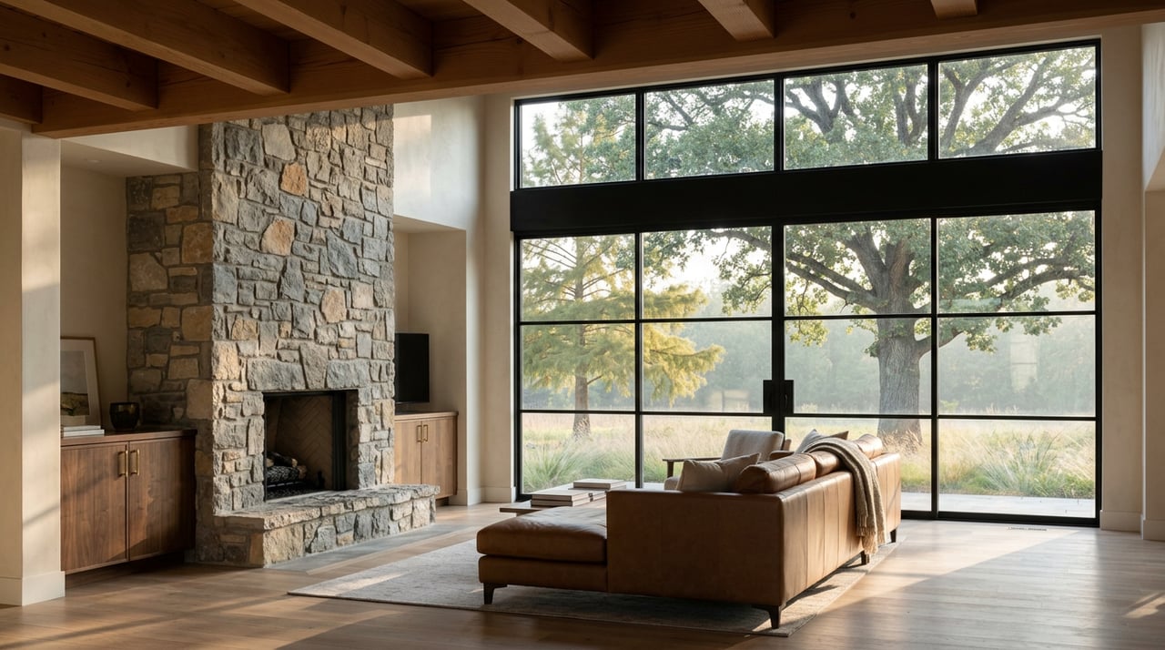 Great room with a limestone fireplace, cognac leather sofa, and black-framed windows overlooking oak and cypress trees.