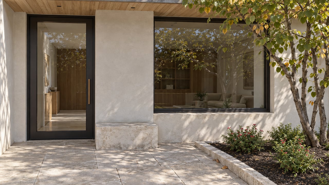 Recessed contemporary entry with ivory plaster, bronze-black glazing and a limestone terrace beside a sculptural redbud.