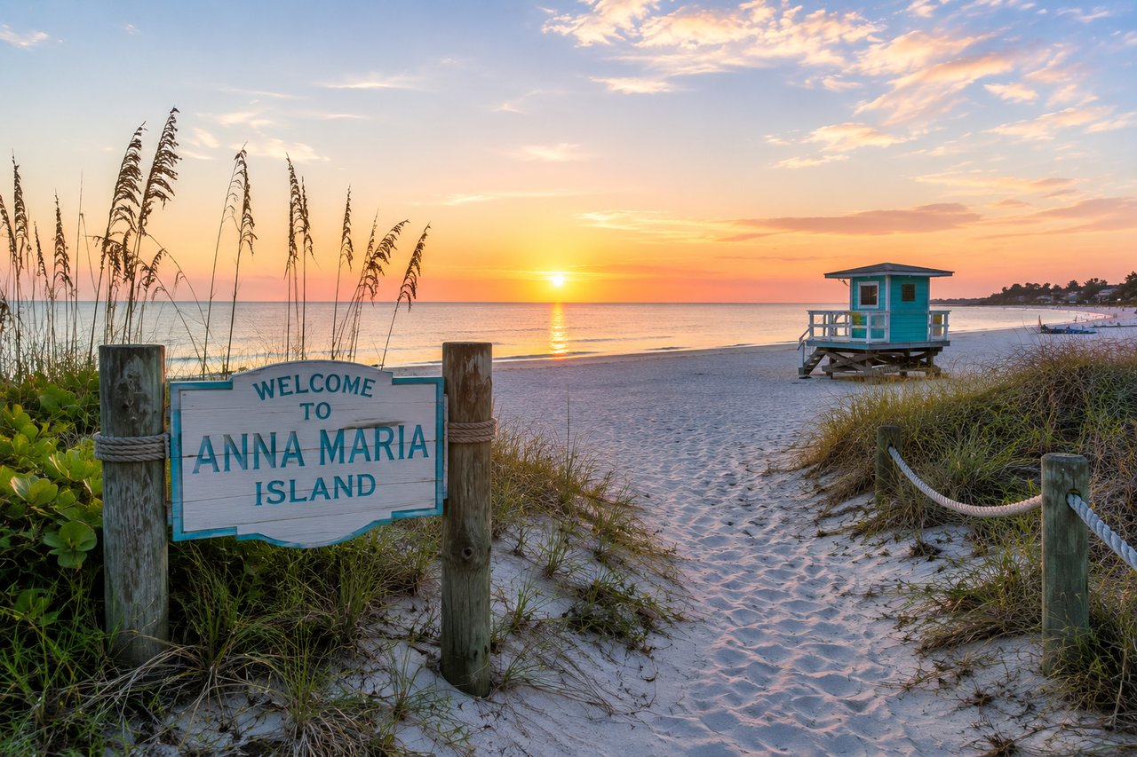 Beautiful sunset over Anna Maria Island, Florida, featuring a sandy beach, turquoise lifeguard tower, coastal dunes, and calm Gulf of Mexico waters