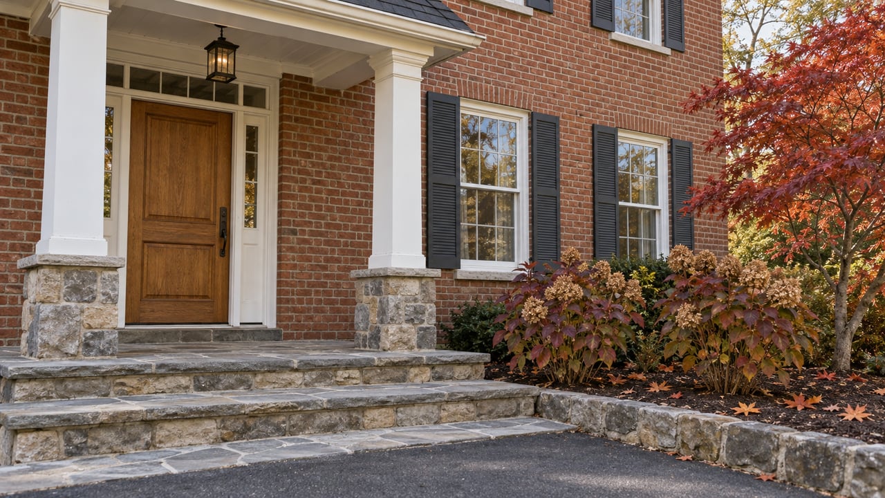 Red-brick home with a covered oak-door entry, fieldstone steps, white-trimmed windows and copper-red autumn maple leaves.