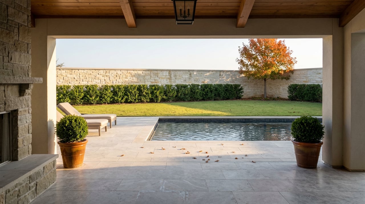 Covered cedar patio overlooks a dark-tiled pool, open lawn, and limestone garden wall.
