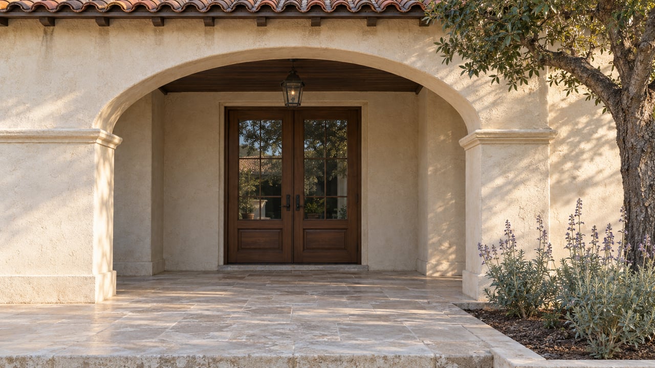 Clay-tiled stucco loggia with paired walnut doors, weathered limestone terrace, and a mature oak beside a planted border.
