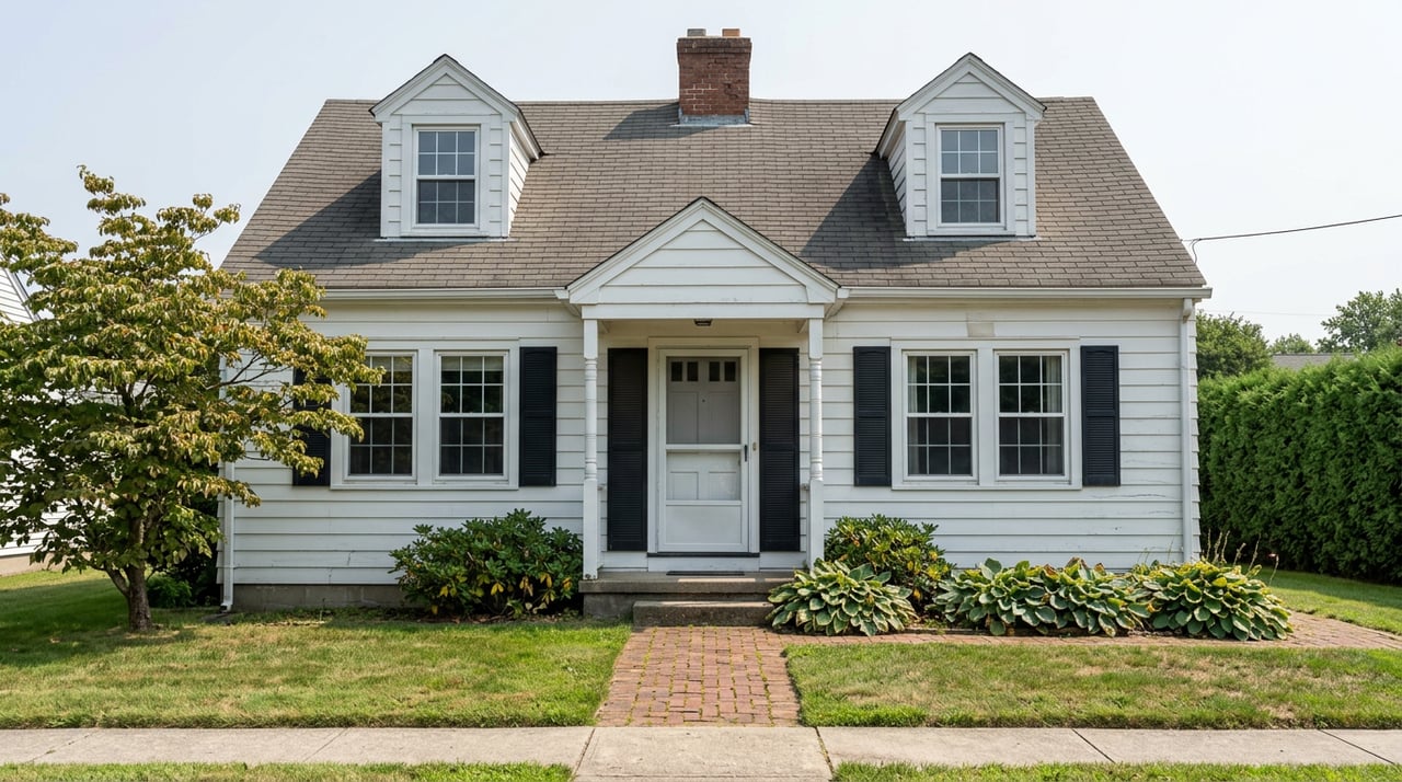 Postwar cottage with white clapboard, black shutters, twin dormers, brick chimney, and a brick walk bordered by hostas.